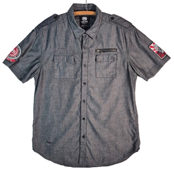 ECKO UNLTD Grey w/ Patches, Button Front, Short Sleeve Shirt Mens Size L - Picture 1 of 11